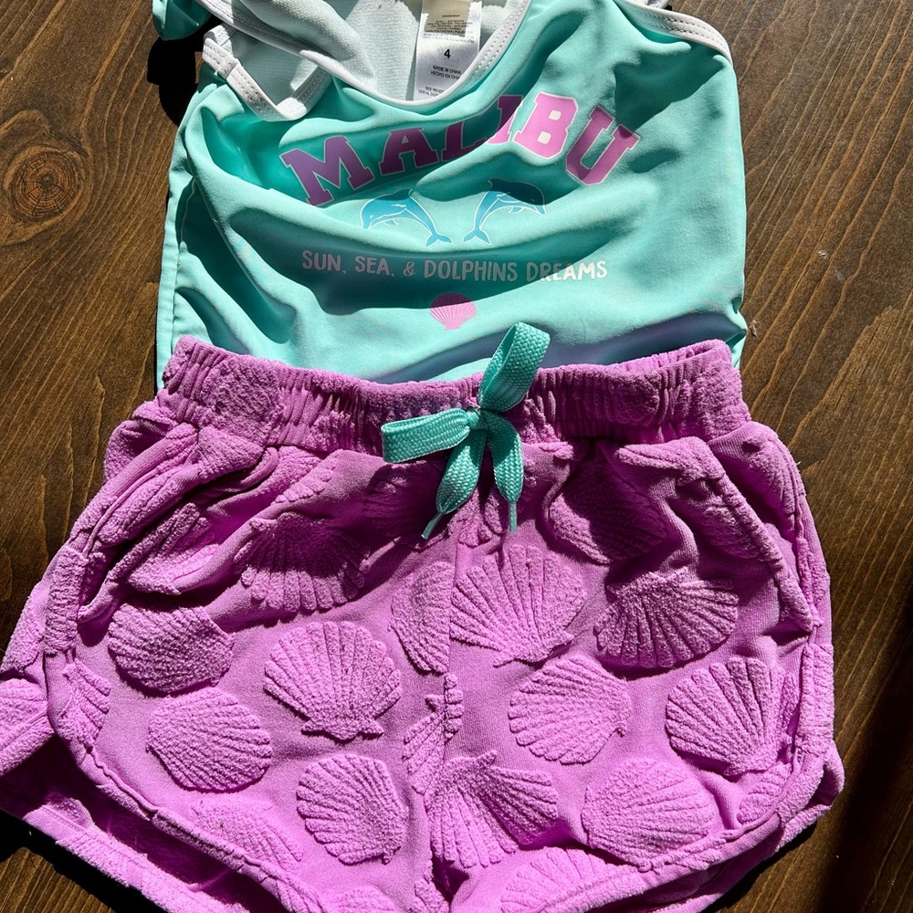 Toddler Malibu Swimsuit Size 4 + Pink Shell Terry Shorts Cover-Up Set